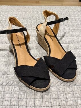 Lucky Brand Black Canvas and Tan Espadrille Wedge Sandals